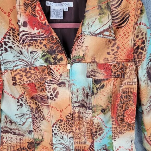 Maggy London Jacket Blazer Womens 12 Full Zip Colorful Africa Animals Artsy - Picture 13 of 16